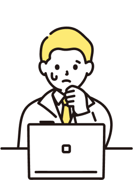 ノートパソコンの前で困った表情を浮かべるスーツ姿の男性のイラスト