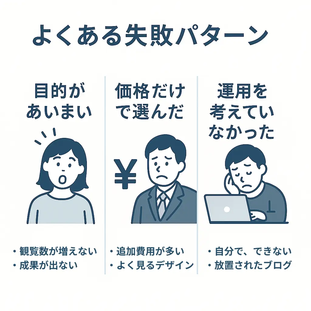 ホームページ制作でよくある失敗パターンを3つ紹介する図解。目的があいまい、価格だけで選んだ、運用を考えていなかったという例と、それぞれの問題点をイラストで表現。
