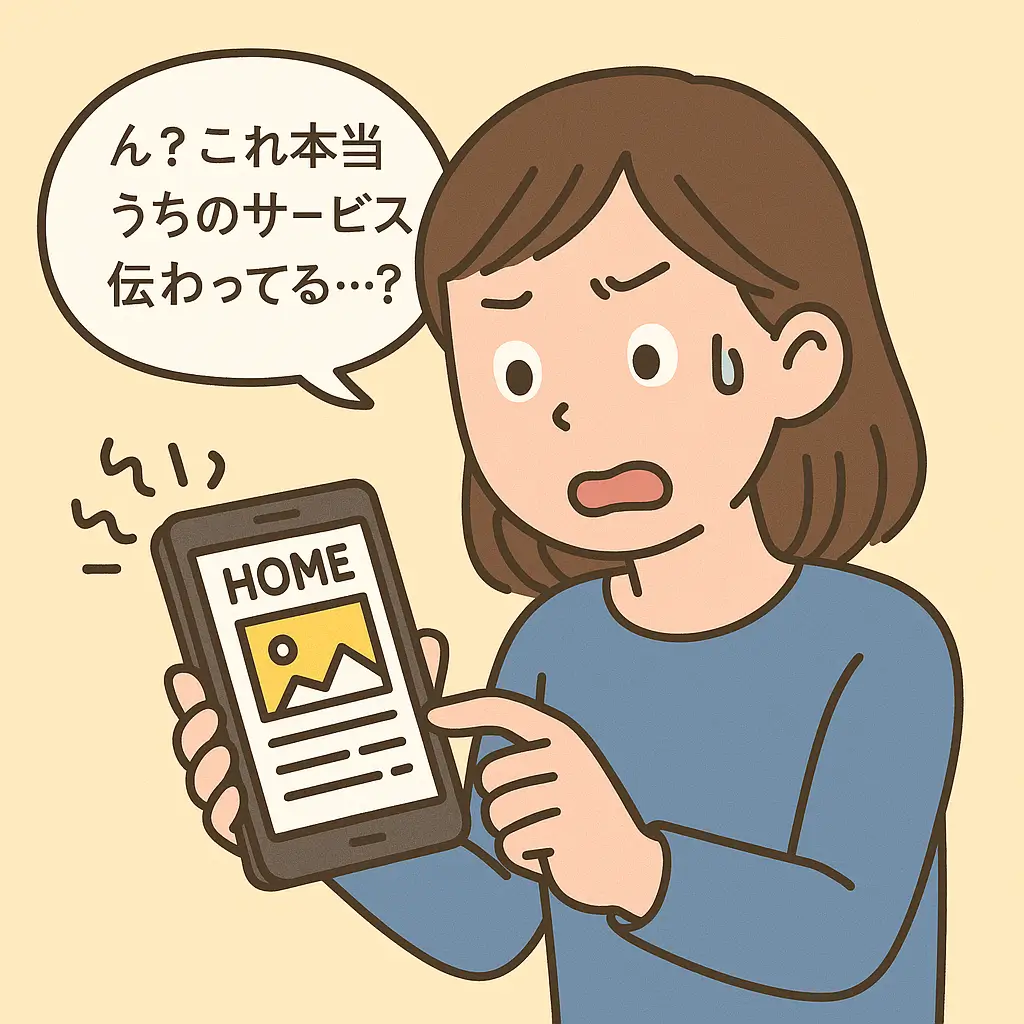 スマホで見たホームページに不安を感じている女性のイラスト。「ん？これ本当うちのサービス伝わってる…？」という吹き出し入り