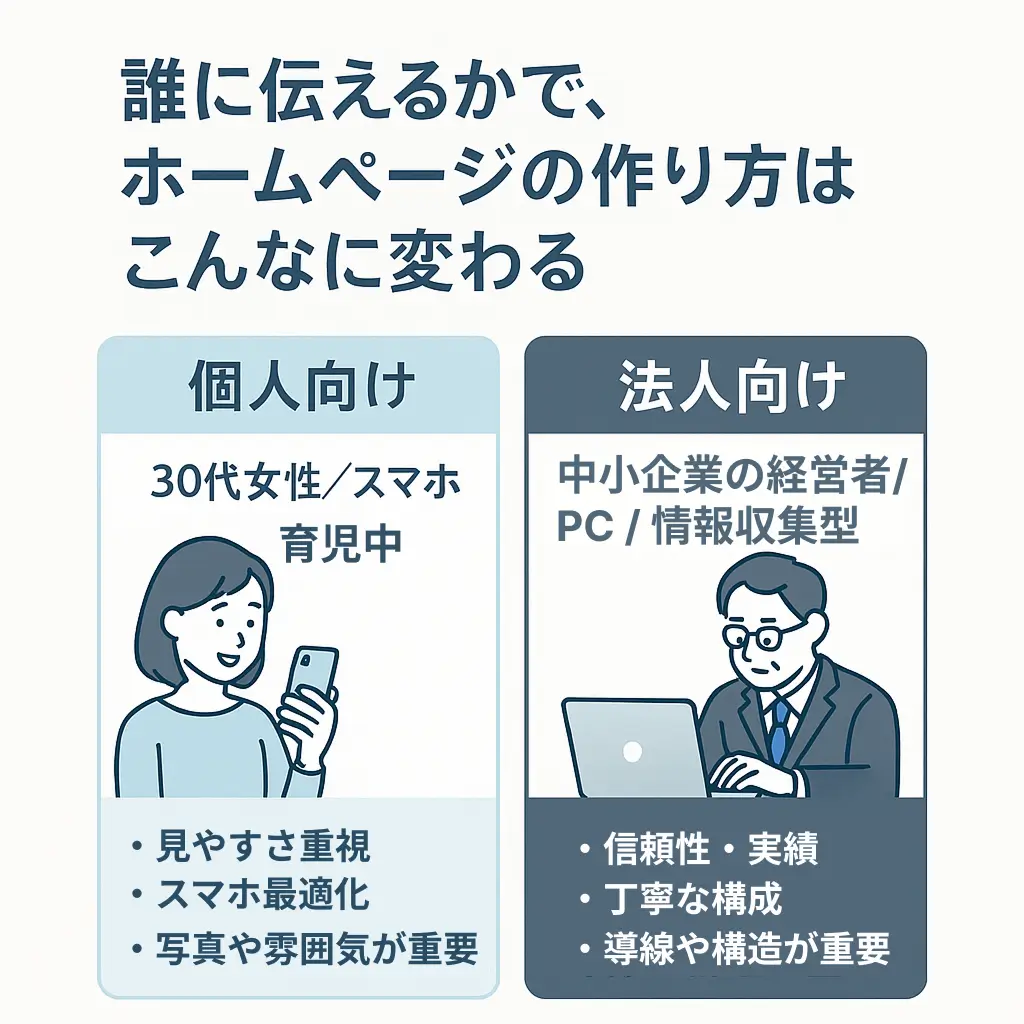 個人向けと法人向け、それぞれのターゲットに合わせたホームページの設計イメージを比較した図。テキスト挿入スペースあり。

