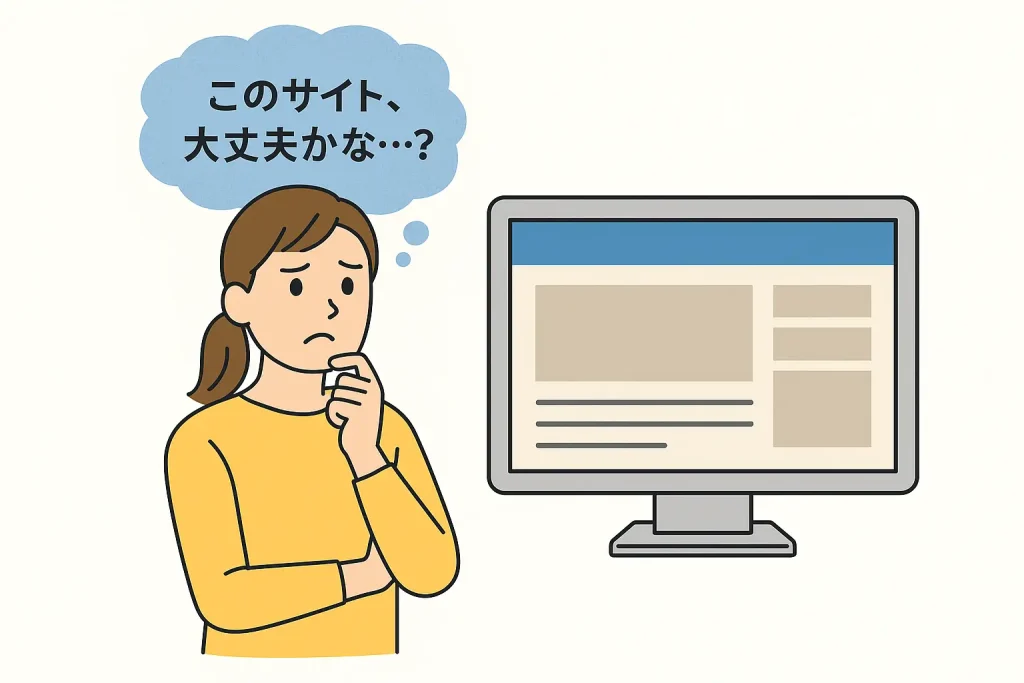 古いホームページを見て不信感を抱く訪問者のイラスト。「このサイト、大丈夫かな…？」と不安そうに思っている様子を表現