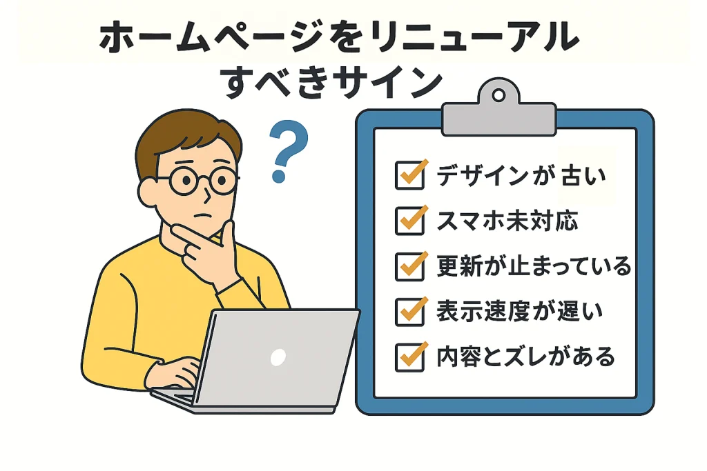 ホームページリニューアルを検討する男性と、チェックリスト形式で表示された5つの見直しサイン（すべての文字が切れずに表示されている）