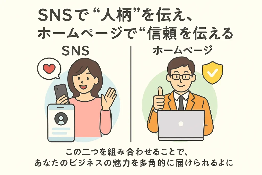 SNSで人柄を伝え、ホームページで信頼を伝えることをイラストで表現した画像。スマホを持った女性と、パソコンの前で親指を立てる男性が描かれ、SNSとホームページの役割を対比して紹介している。