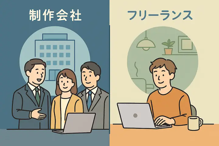 制作会社とフリーランスの違いを対比したイラスト。スーツ姿のチームがオフィスビル前に立つ制作会社と、私服で自宅作業するフリーランスの対照的なワークスタイルが描かれている
