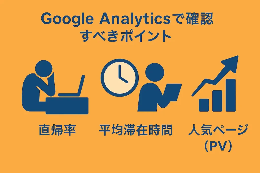 Google Analyticsで確認すべき基本指標をまとめた図解。直帰率・平均滞在時間・人気ページ（PV）を視覚的に説明。