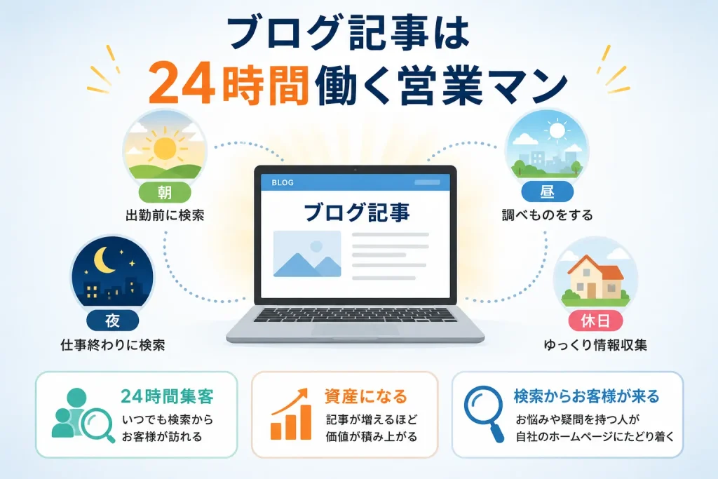 ブログ記事が24時間働く営業マンとなり継続的に集客する仕組みを解説した図