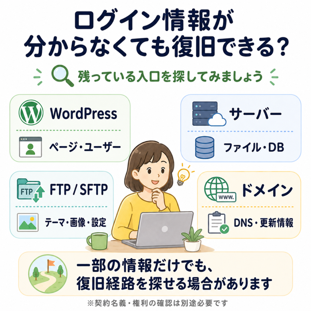 ホームページのログイン情報が分からないときに残っている管理情報から復旧経路を探す様子を示したイラスト図解