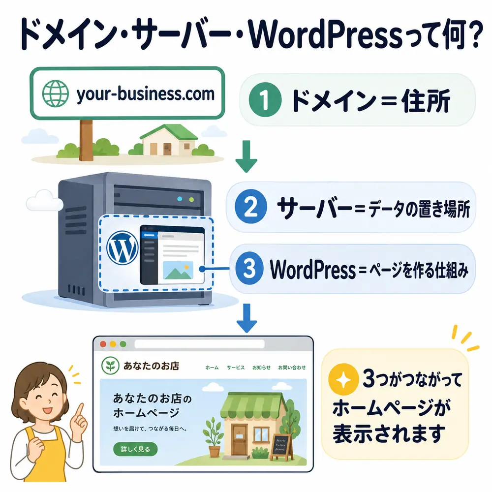 ドメイン・サーバー・WordPressの関係を店舗のホームページを例に説明したイラスト図解