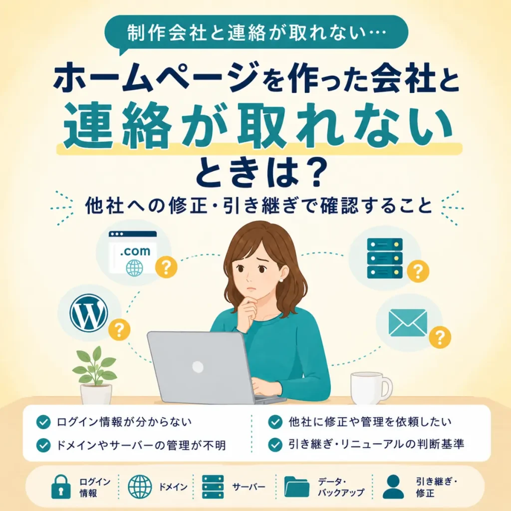 ホームページを作った会社と連絡が取れないときに、他社への修正や引き継ぎで確認すること